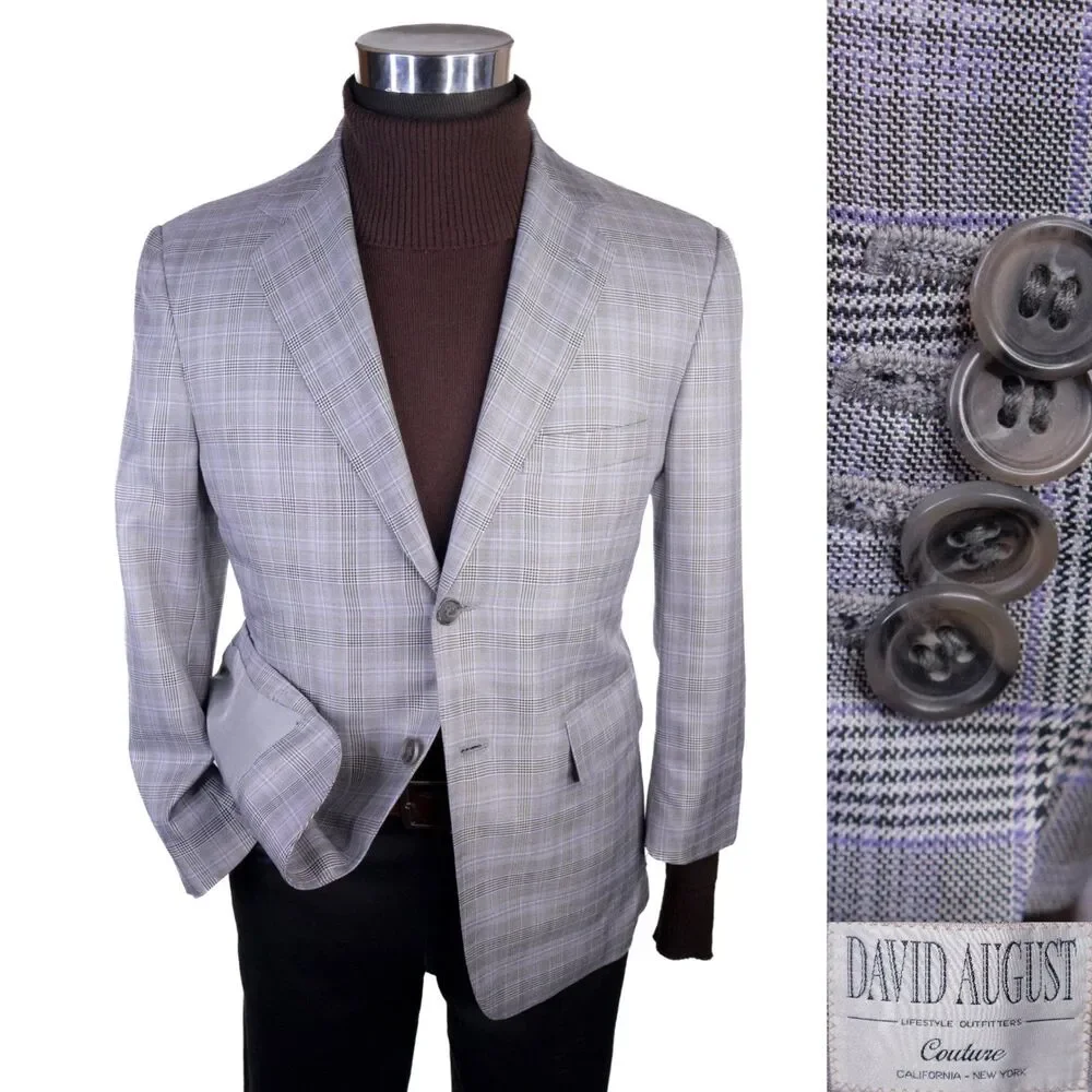 DAVID AUGUST Couture Blazer Men's 38XS Sport Coat Plaid Surgeon's Cuffs Jacket